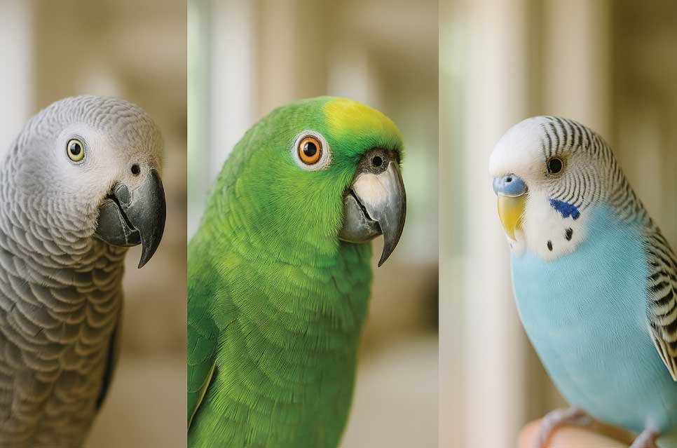shot collage featuring an African Grey parrot, an Amazon parrot, and a budgerigar side by side