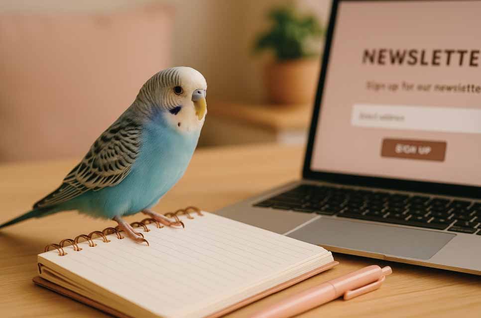 bird perched next to a notebook and a laptop with a newsletter sign-up screen