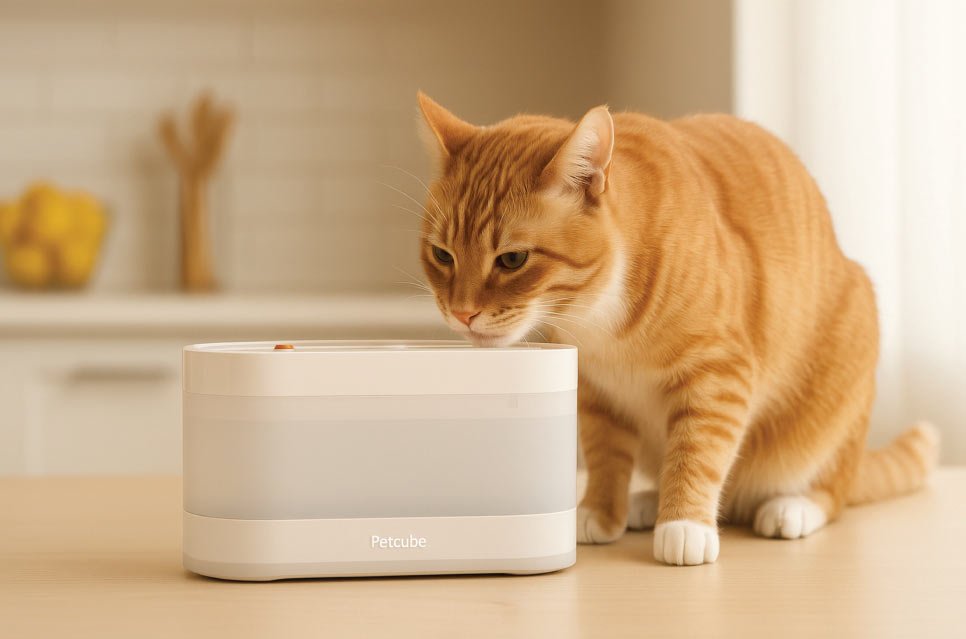 cat drinking from a modern Petcube Fountain