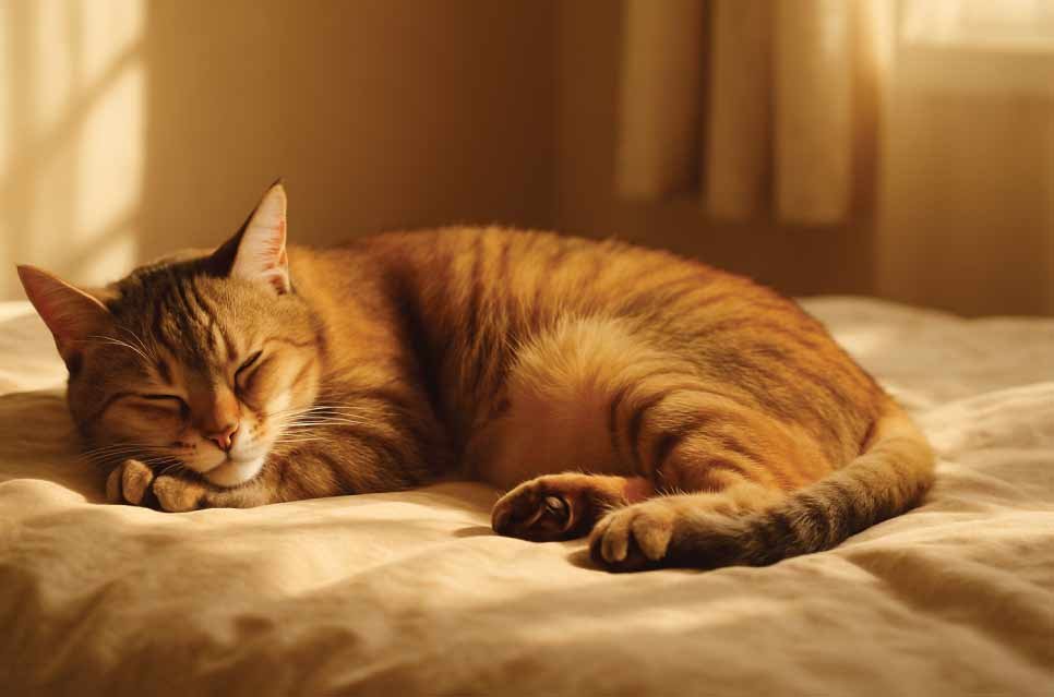 relaxed cat sleeping in a sunbeam on a bed