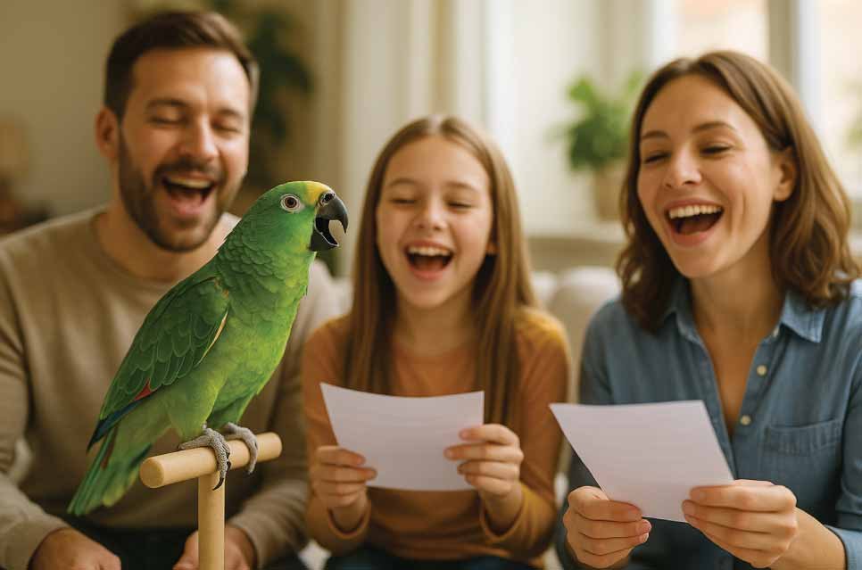 A family singing with their parrot perched nearby.