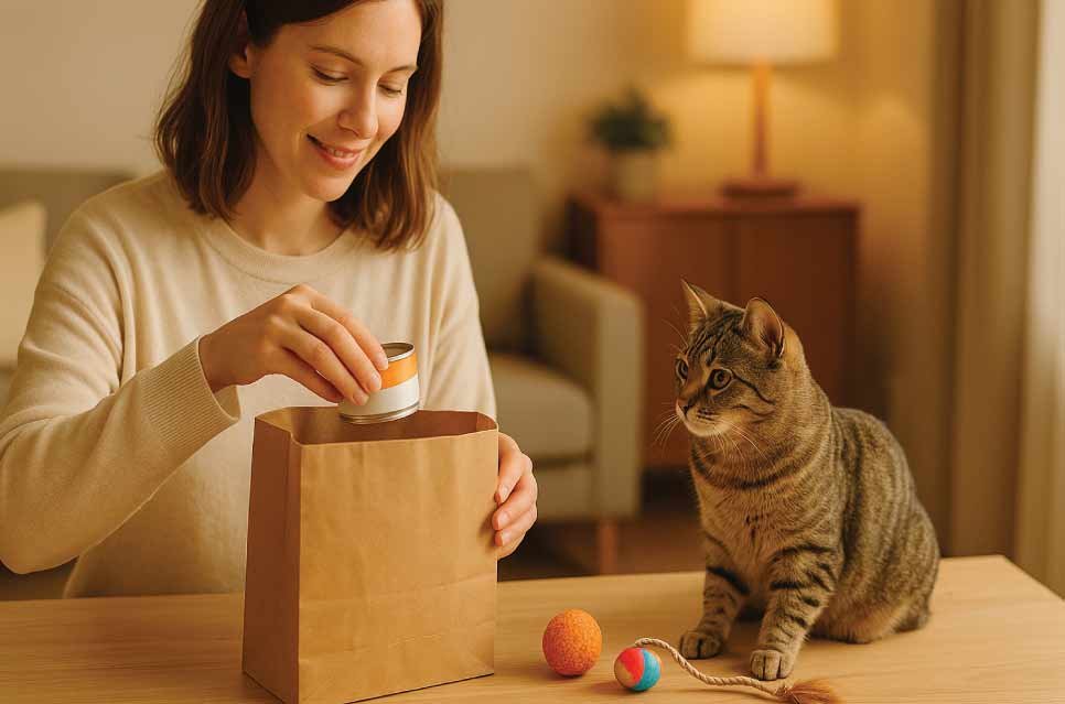 woman packing cat food and toys while her cat watches