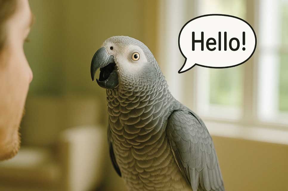 a talking parrot looking at a human, a playful speech bubble saying โHello!