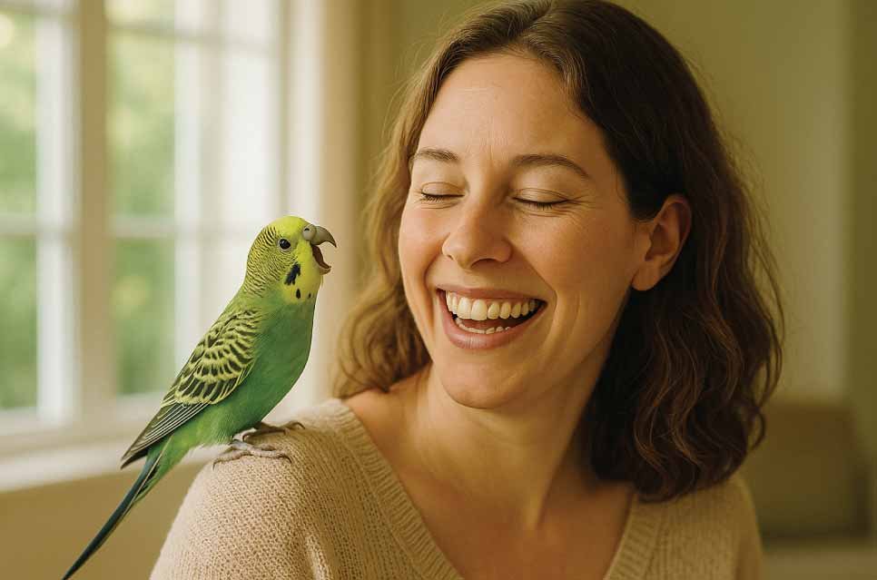 a woman smiling while her bird chirps on her shoulder