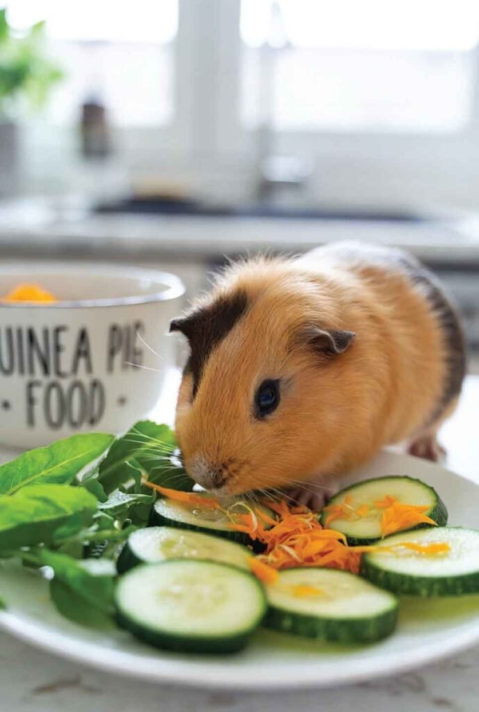 Guinea pig exploring a colorful mix of safe vegetables and herbs
