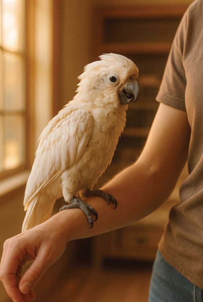 Cockatoo just adopted, looking tired and sick