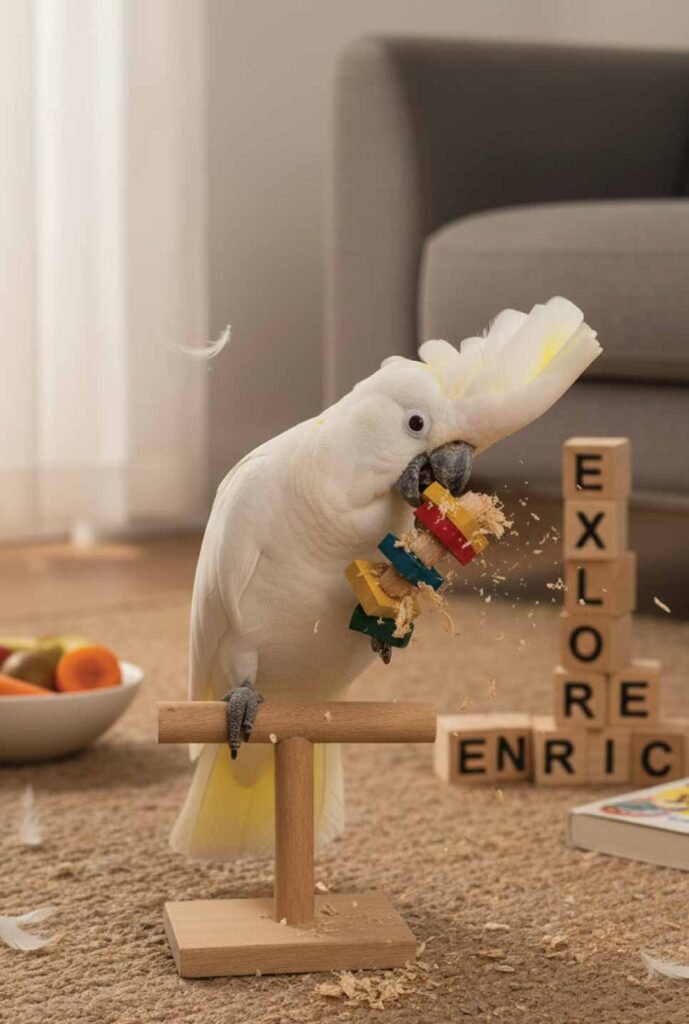 A playful cockatoo chewing apart a wooden toy, bits of shredded wood around, natural home setting, soft warm lighting, educational behavior illustration, friendly pet-care aesthetic