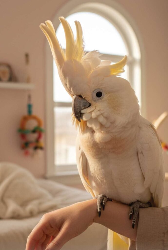 A rescued cockatoo gently perched on a caregiver’s arm inside a warm, cozy rescue environment, soft sunlight, emotional but hopeful mood, pastel and earth tones, supportive adoption theme