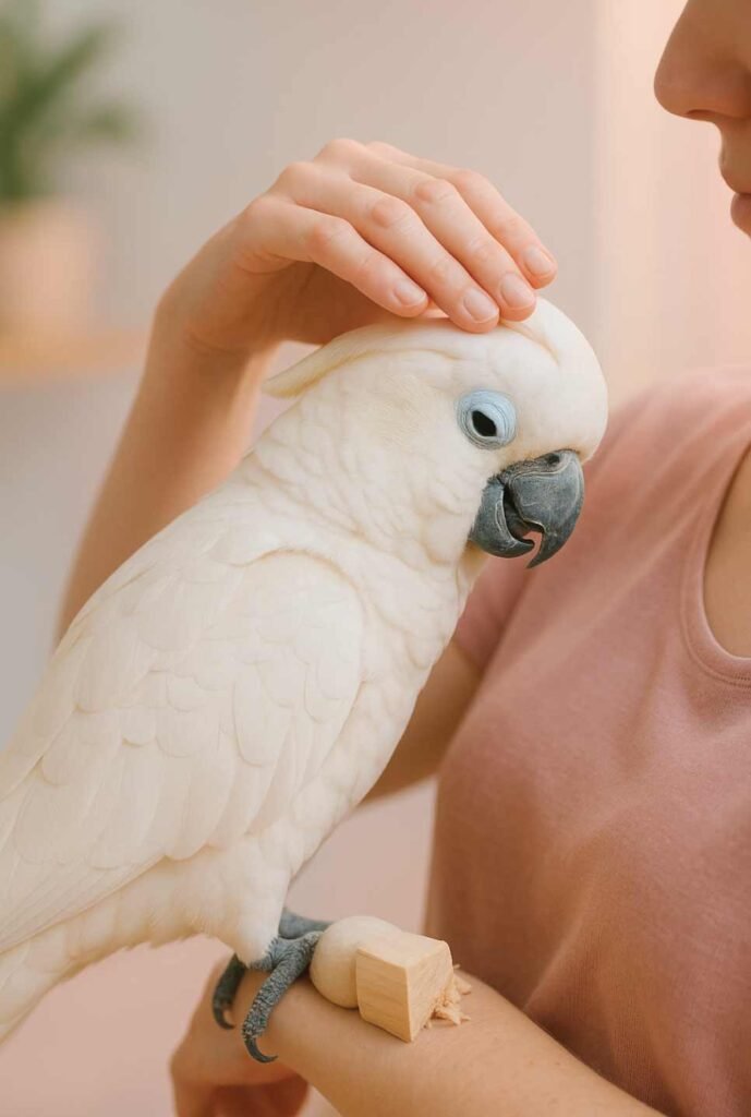 A cockatoo leaning affectionately toward a human while the person offers head-only petting, clear visual boundary showing safe touch, warm emotional style, pastel colors.