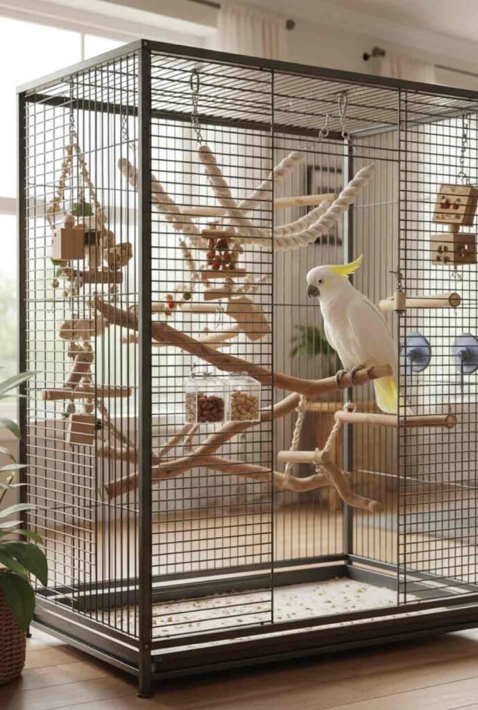 A large, well-designed cockatoo cage setup with natural perches, foraging toys, rope ladders, and enrichment items, bright cozy home environment, soft earth-tone aesthetic, educational layout