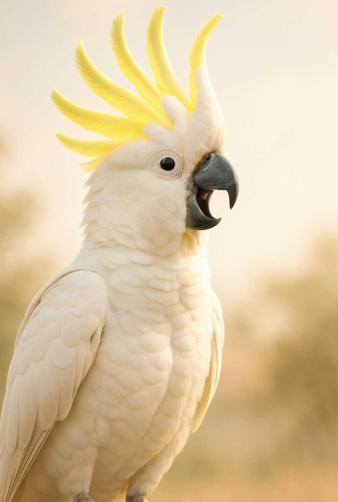 A cockatoo with its crest fully raised and beak open in a natural calling pose, expressive but not aggressive, soft background, warm tones, realistic bird behavior depiction, high detail