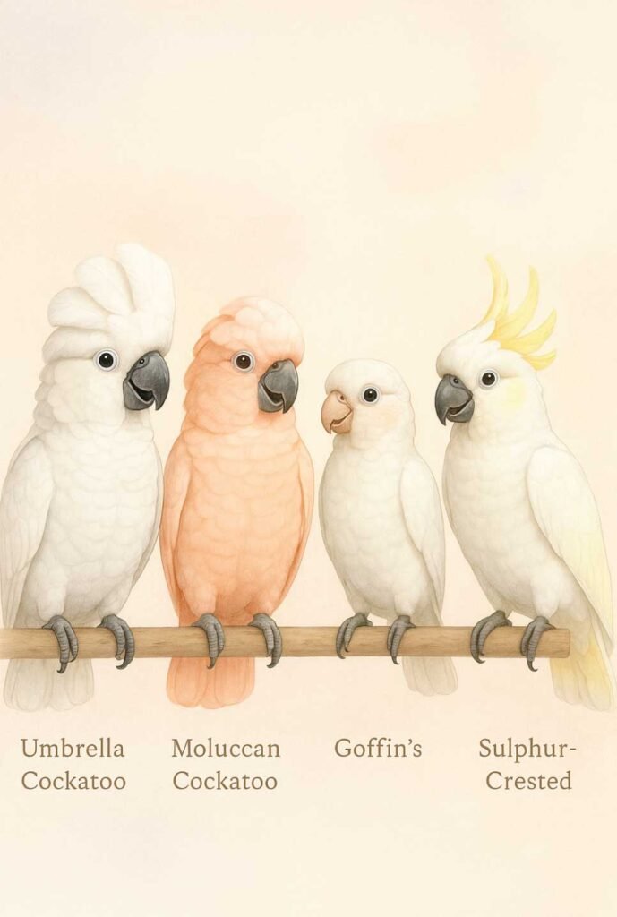 Four cockatoo species standing side by side, Umbrella, Moluccan, Goffin’s, and Sulphur-Crested, illustrated in a friendly and educational style, labeled subtly, pastel tones, soft background