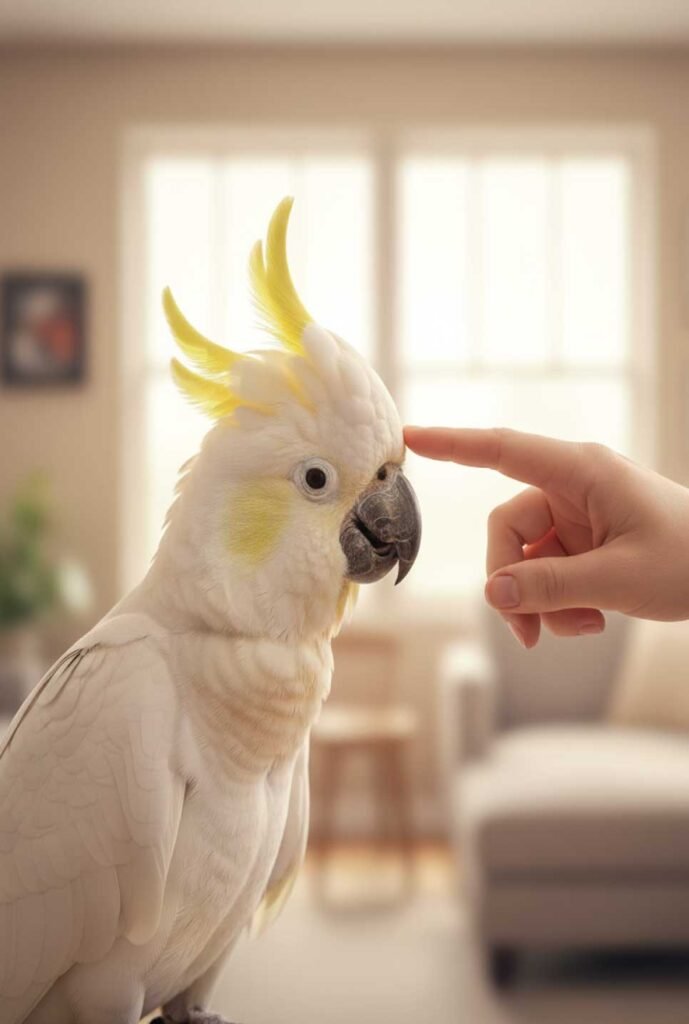 Hand gently petting the Cockatoo on the head