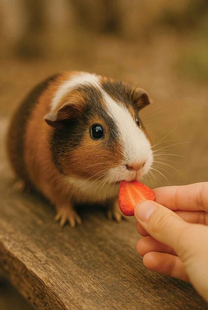 Guinea pig enjoying a small strawberry slice as an occasional fruit treat