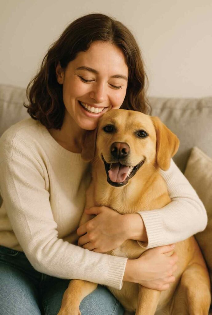 Smiling dog owner cuddling their pet