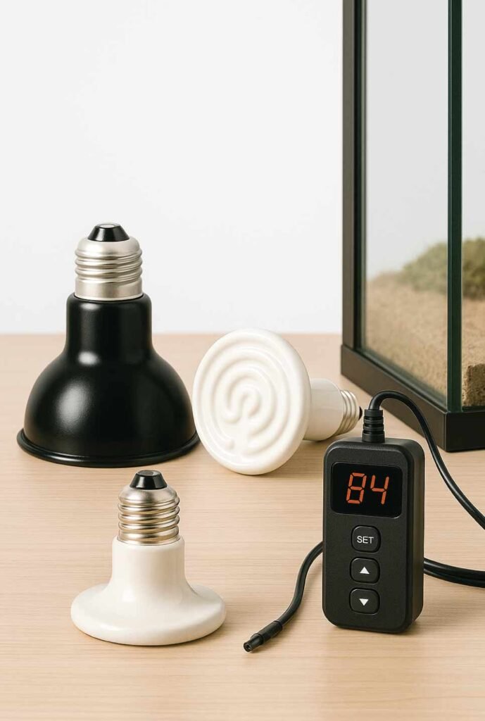 Heat lamp, ceramic heater, and thermostat for proper reptile enclosure temperature