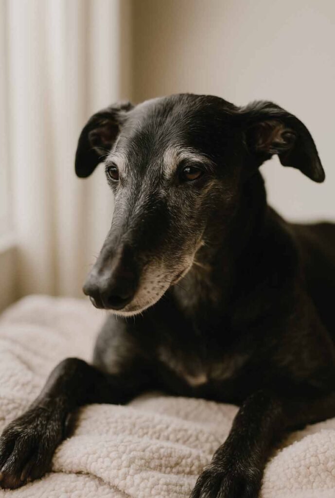 Senior Galgo enjoying a calm moment after a meal