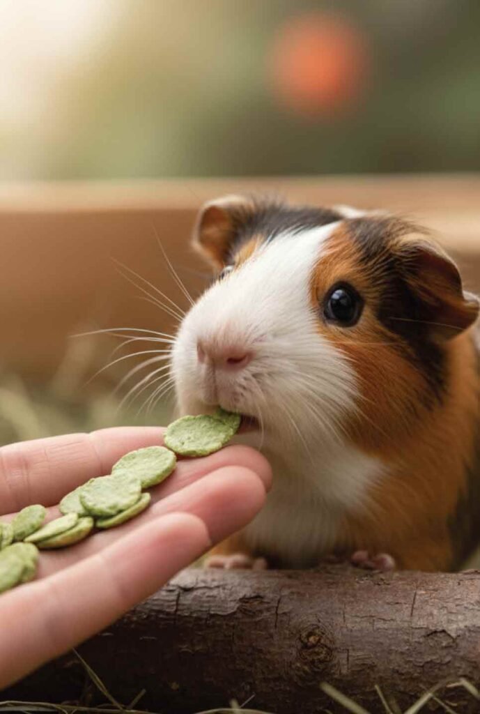 Feeding pea flakes to build trust and bond with a guinea pig