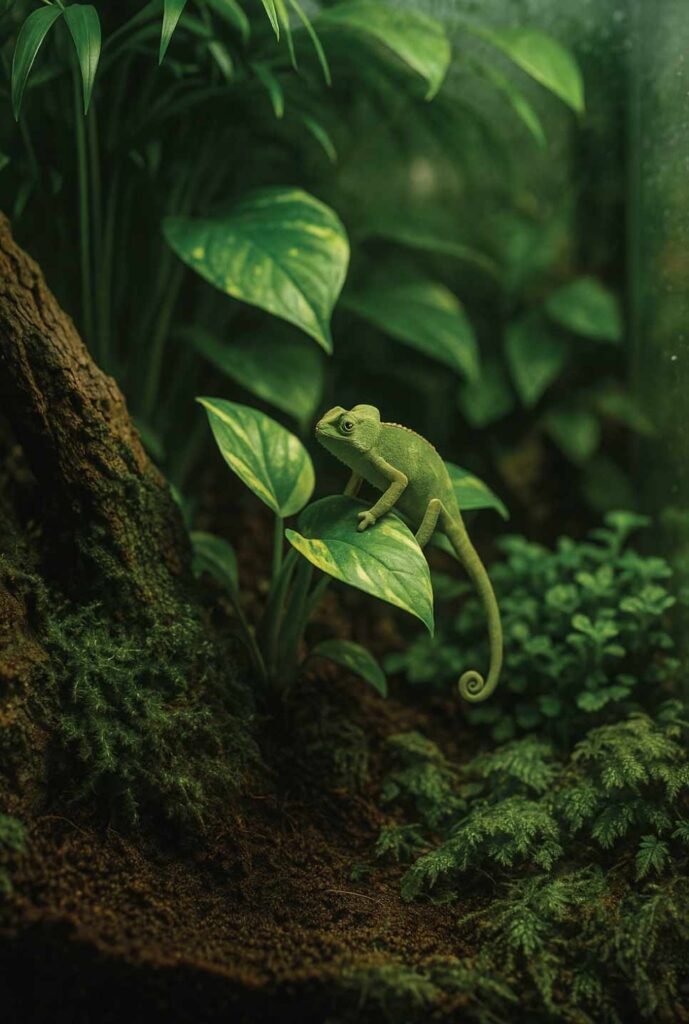 Bioactive reptile terrarium with live plants, natural soil, and humidity control.