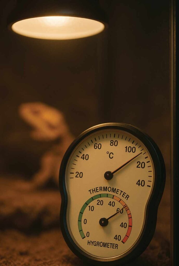 Thermometer and hygrometer inside a reptile enclosure to maintain temperature and humidity balance.