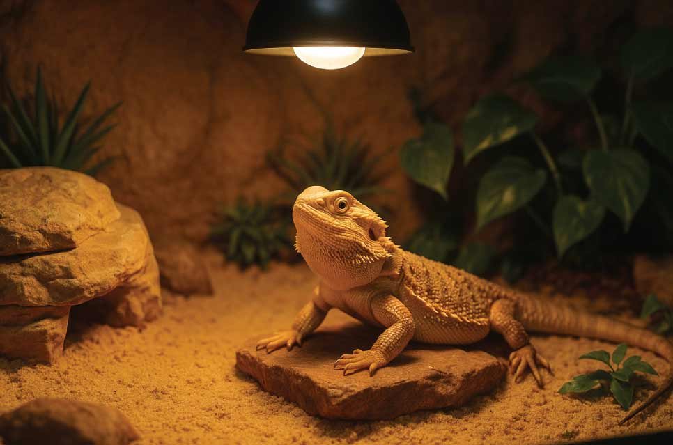 Reptile Enclosure Setup. Bearded dragon relaxing in a well-designed reptile habitat setup with heat and UVB lighting