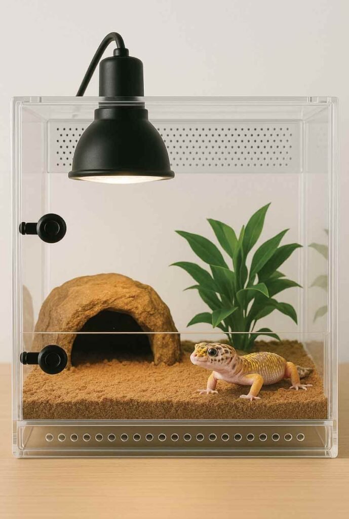 Front-loading reptile enclosure setup with lighting, hides, and plants.