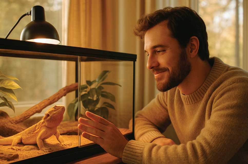 Pet owner observing their reptile in a calm, safe home environment.