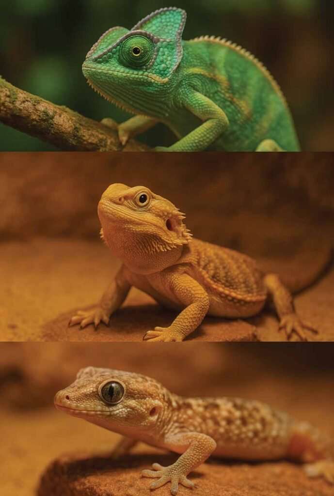 Examples of reptile habitats, desert, tropical, and rocky environments that inspire proper enclosure setup