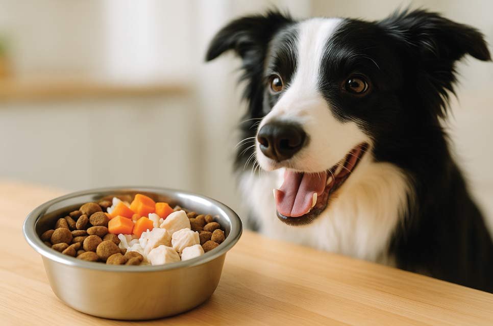 Happy dog enjoying a healthy meal