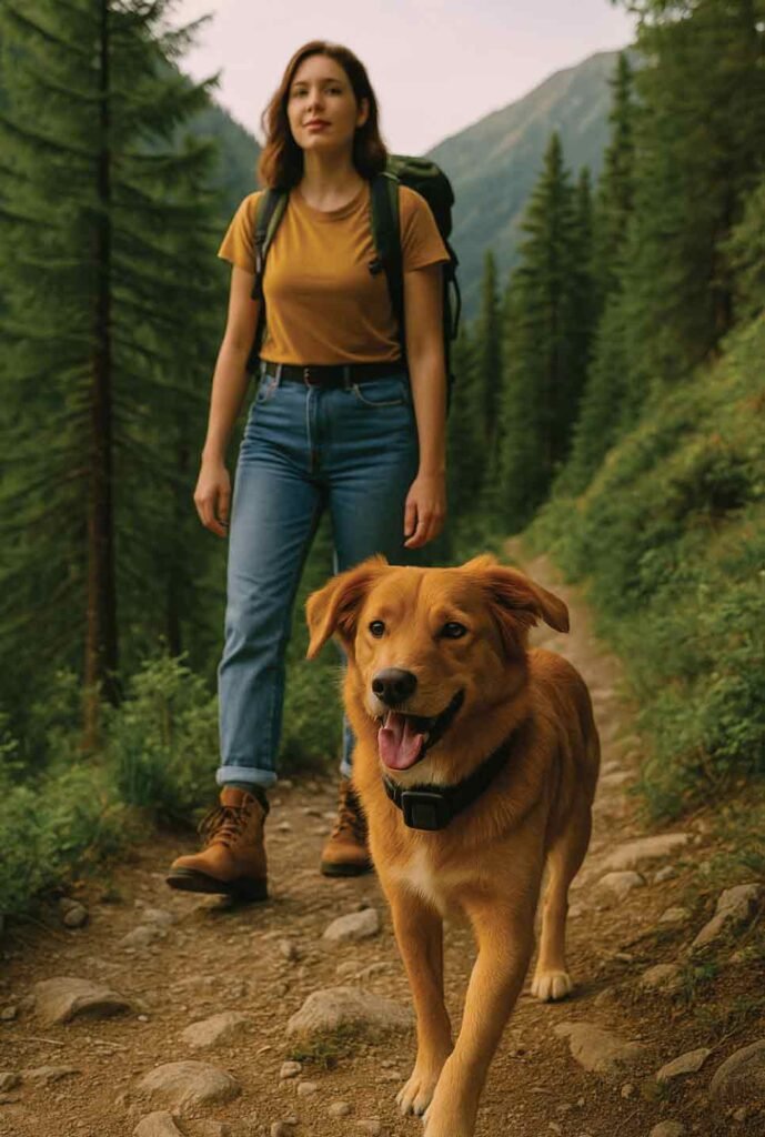Dog walking beside its owner on a forest trail, symbolizing safety and outdoor exploration.