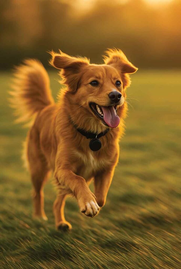 Dog running fast in an open field, demonstrating why slow trackers struggle to keep up.