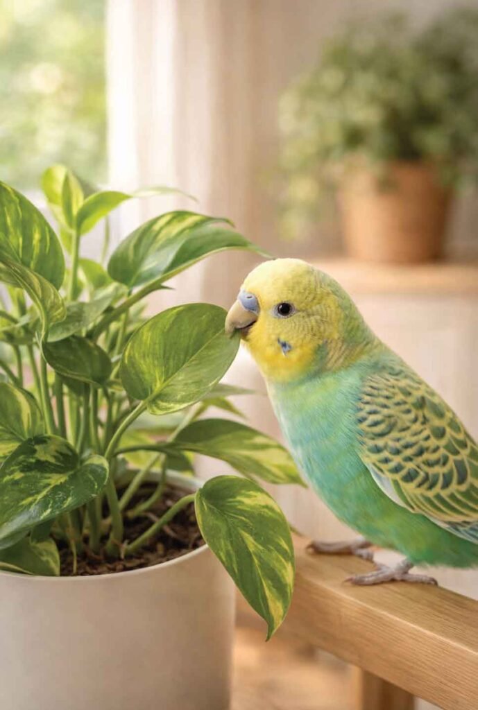 Curious pet bird exploring indoor houseplants safely