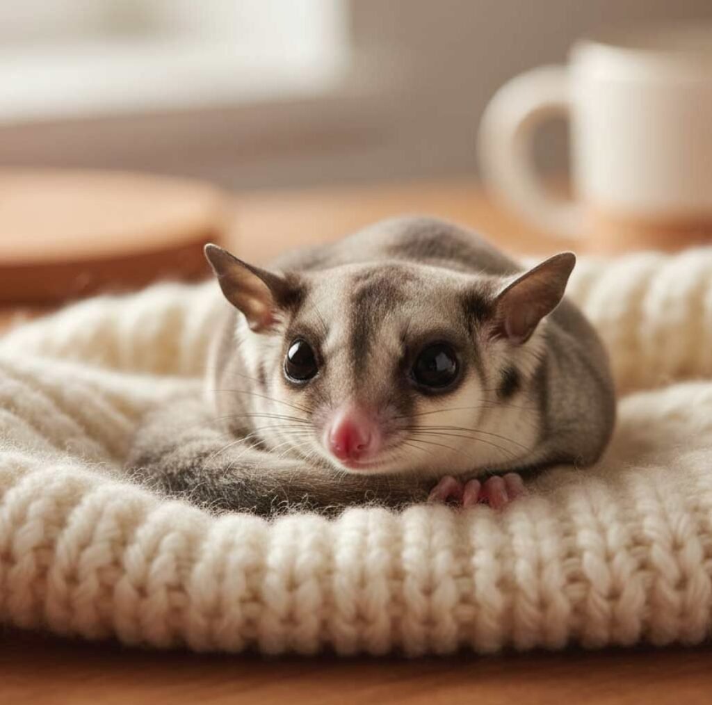 Sugar glider resting contently on a soft blanket, close-up shot, calm expression, warm cozy tones, peaceful ending vibe.