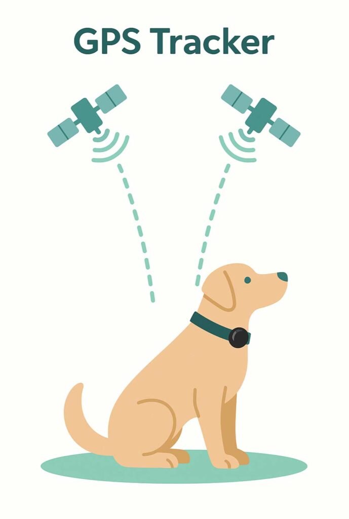 Infographic showing a dog GPS tracker connecting to satellites for real-time tracking.