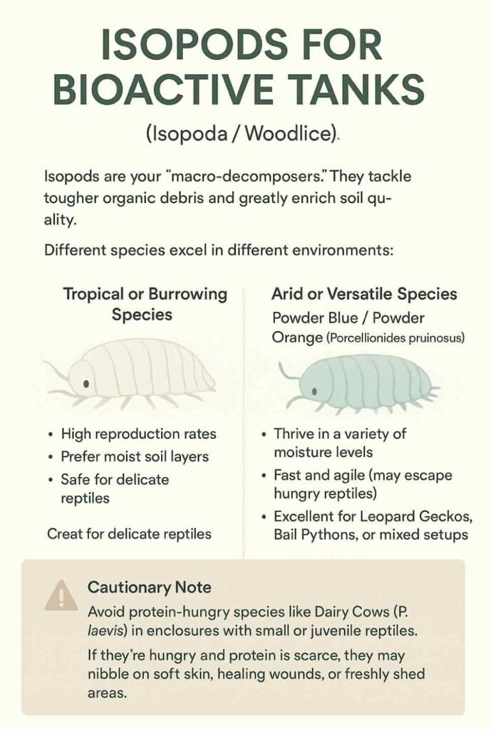 infographic comparing isopod types for bioactive tanks