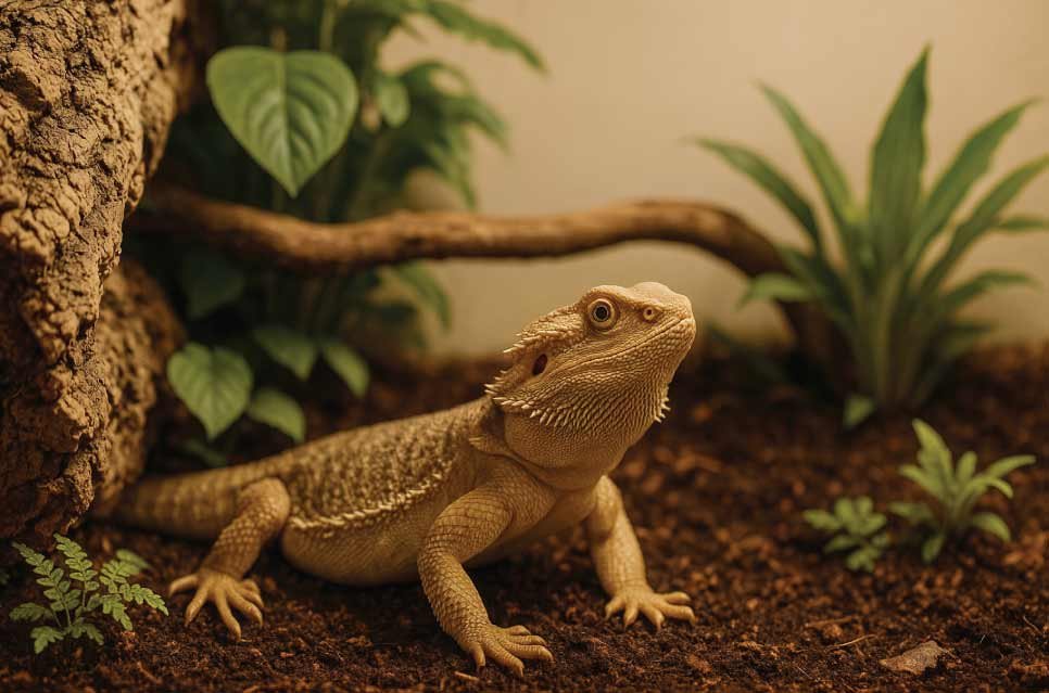 Naturalistic bioactive reptile terrarium with lush green plants, layered substrate, cork bark, branches, isopods and springtails