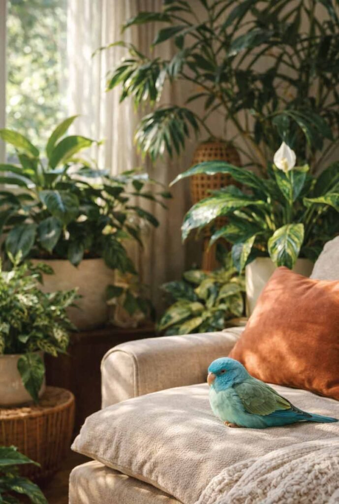 Peaceful-bird-friendly-home-with-safe-plants-and-natural-light