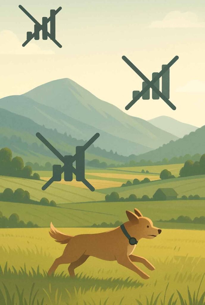 Rural landscape showing weak or no cell signal where many GPS dog trackers fail.