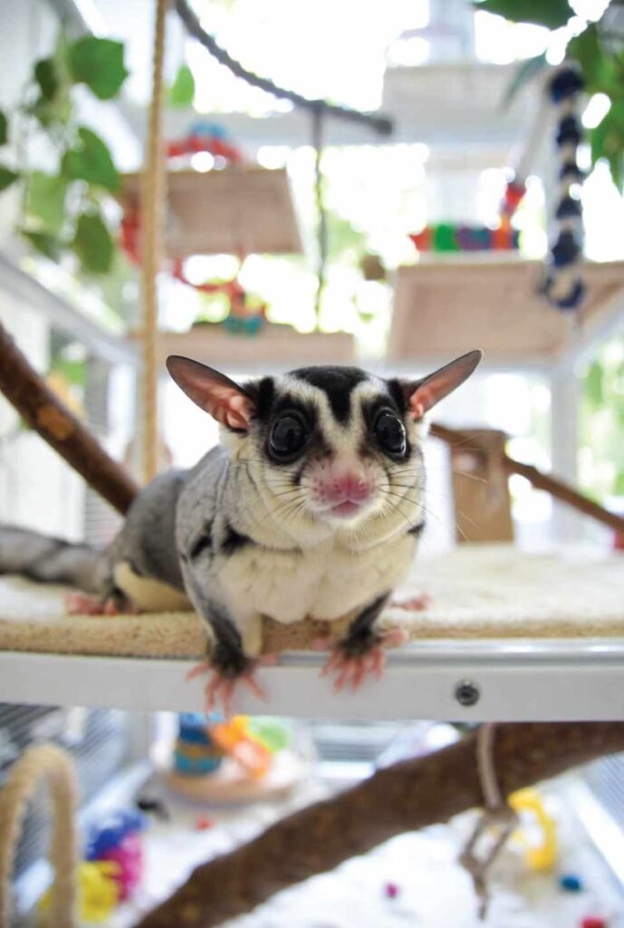 Photo of a tall sugar glider cage setup with multiple levels, branches, and enrichment items, bright and clean environment, professional real-life styling.