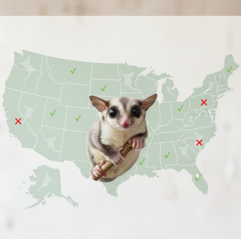 Map-style graphic showing silhouettes of sugar gliders with subtle markers representing legal vs illegal states, minimalistic design, soft pastel palette.