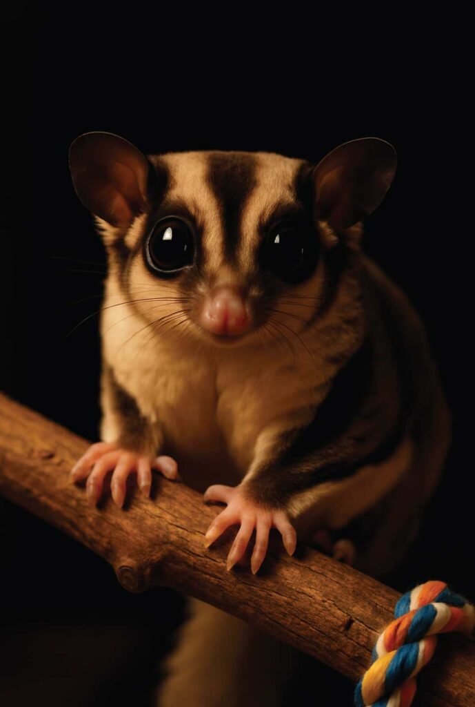 Sugar glider wide awake at night with bright eyes, perched on a branch or toy, dark background with soft warm lighting.