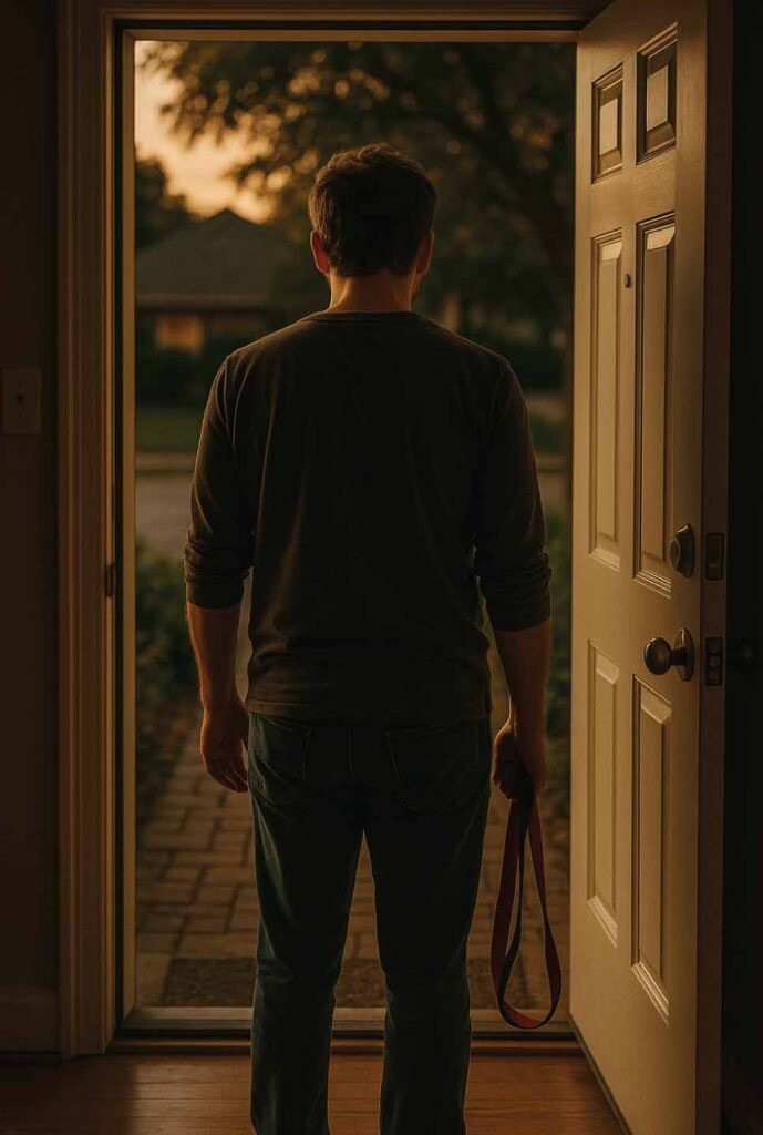 Dog parent looking worried at an open door after their dog slipped out.