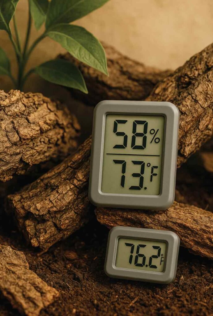 of digital thermometers and hygrometers inside a terrarium