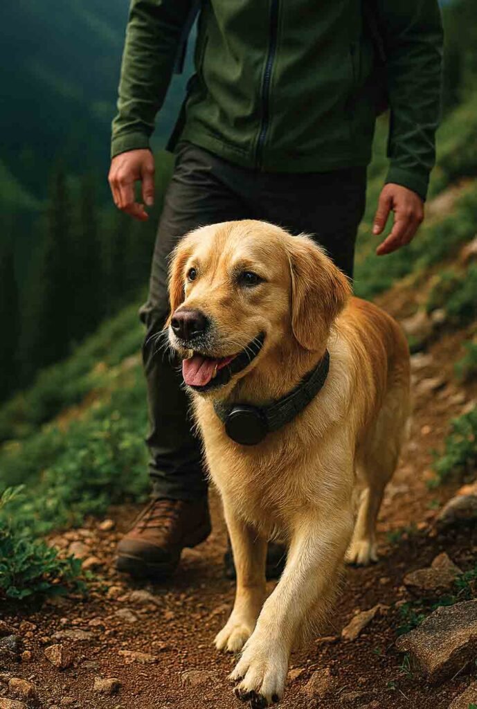Dog hiking with owner while wearing a waterproof Aorkuler GPS tracker.