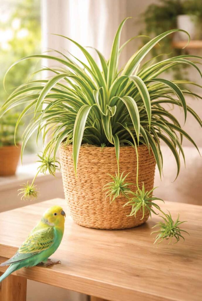 Spider plant safe for pet birds with long arching leaves