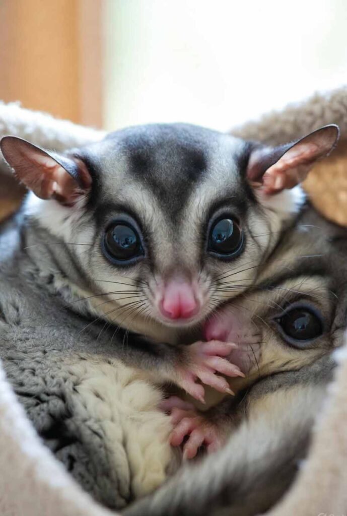Sugar glider climbing a rope toy inside a cage, playful expression, colorful enrichment accessories, bright clean environment.