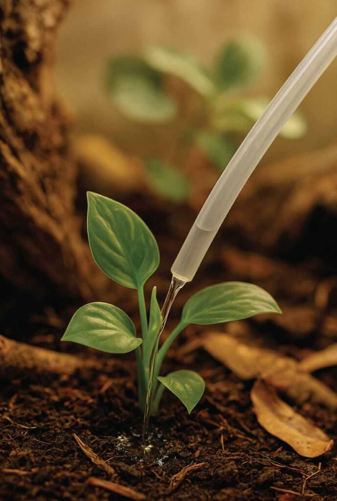 watering at plant base inside bioactive terrarium