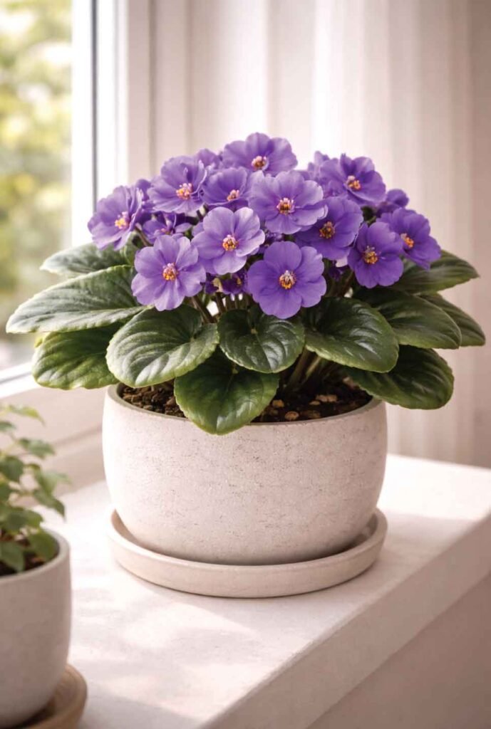 Cat-safe alternative to azalea: African violet blooming indoors on a windowsill