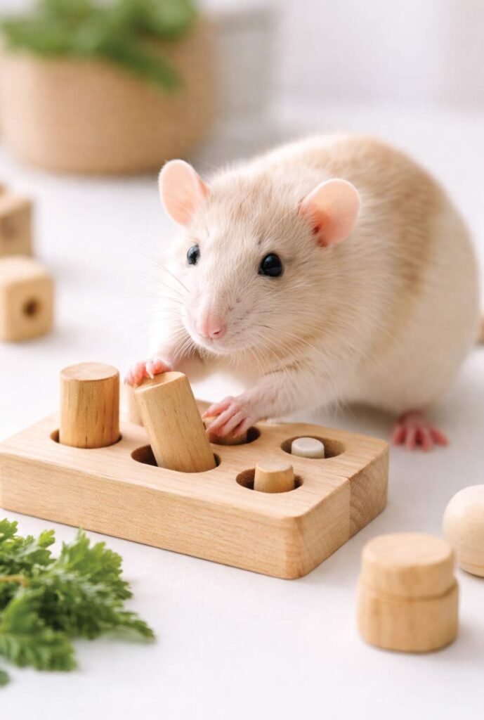 Intelligent pet rat playing with puzzle toy showing problem-solving abilities - smart pocket pets