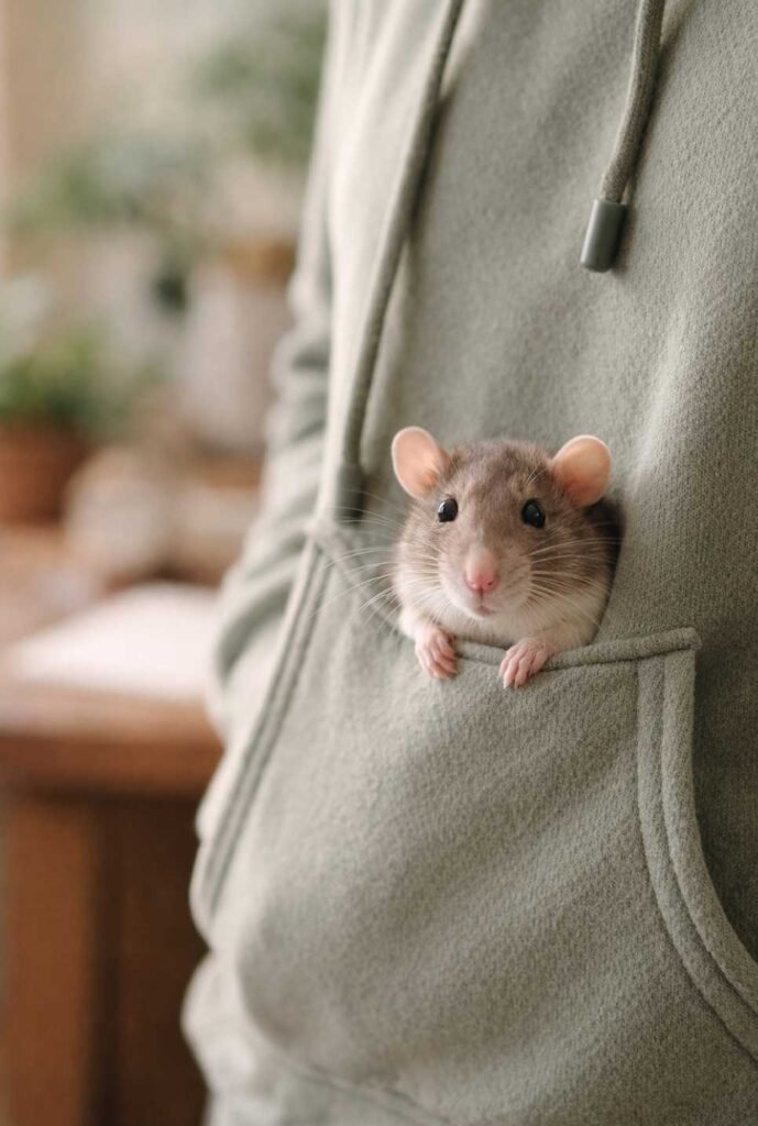 Pet rat peeking from hoodie pocket showing affectionate companion behavior - pocket pets